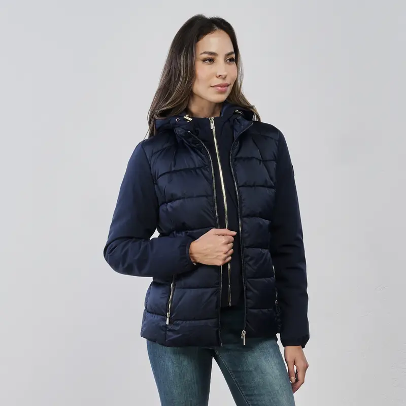 Piumino corto blu da donna con inserto interno e doppia zip