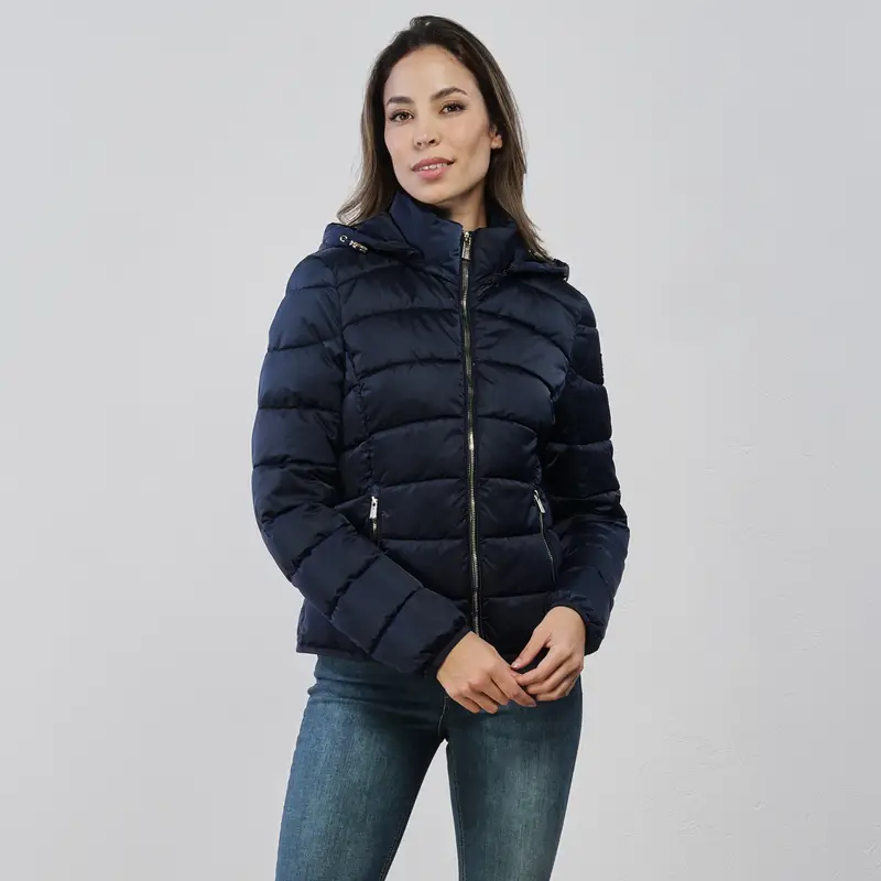 Piumino corto blu da donna con tasche e cappuccio