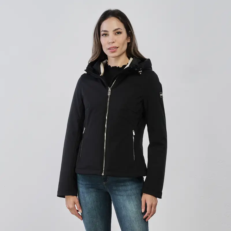 Piumino corto nero da donna con tasche, zip e cappuccio