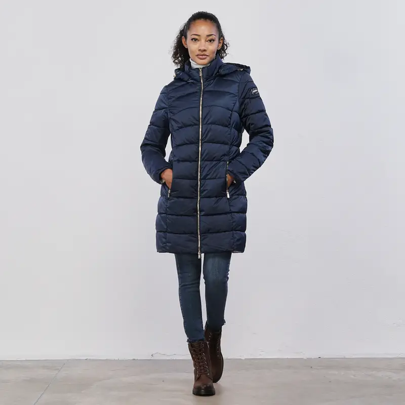Piumino lungo blu da donna con tasche e cappuccio