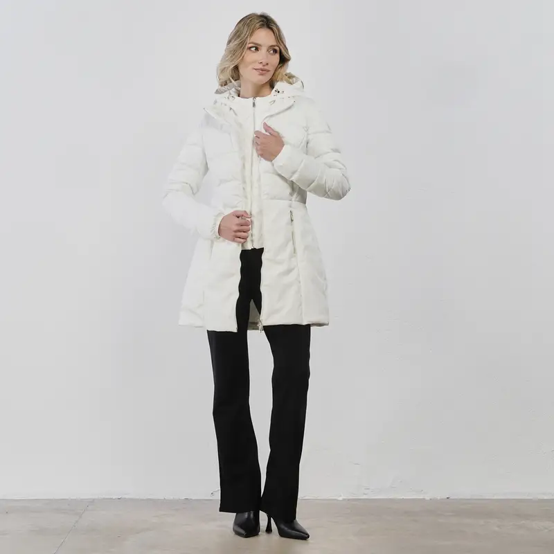 Piumino midi bianco da donna con inserto interno e tasche con zip