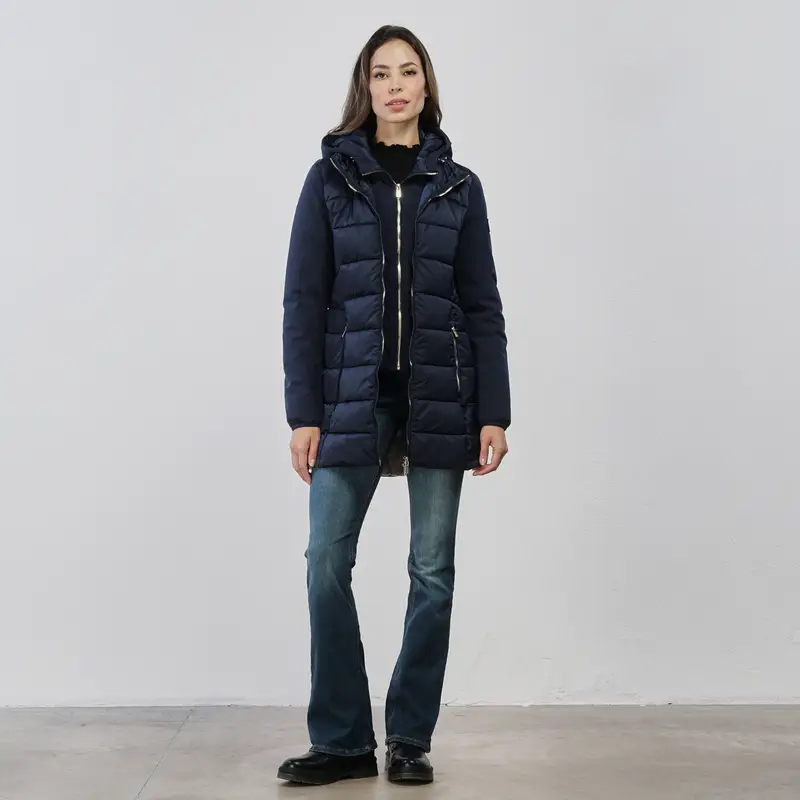 Piumino midi blu da donna con inserto interno e doppia zip