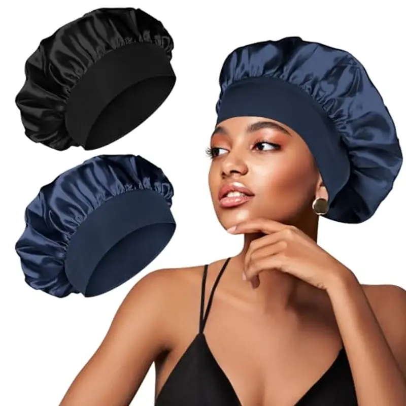 YLK 2 Pezzi Berretto di Seta, Cuffia Seta Capelli Ricci, Involucro di Seta per Capelli per Dormire, Berretto da Notte Raso per Donna Ragazza (Nero+Blu Scuro)