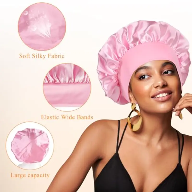 YLK 2 Pezzi Berretto di Seta, Cuffia Seta Capelli Ricci, Involucro di Seta per Capelli per Dormire, Berretto Da Notte Raso Per Donna Ragazza (Nero+Rosa) miniatura 3