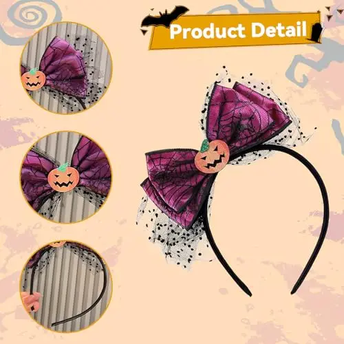 yolzhxe Cerchietto Halloween, Cerchietto Zucca, Ragnatela Cerchietti per Capelli, Cerchietti Fiocchi con Netto Nero miniatura 3
