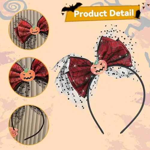 yolzhxe Cerchietto Halloween, Cerchietto Zucca, Ragnatela Cerchietti per Capelli, Cerchietti Fiocchi con Netto Nero miniatura 3
