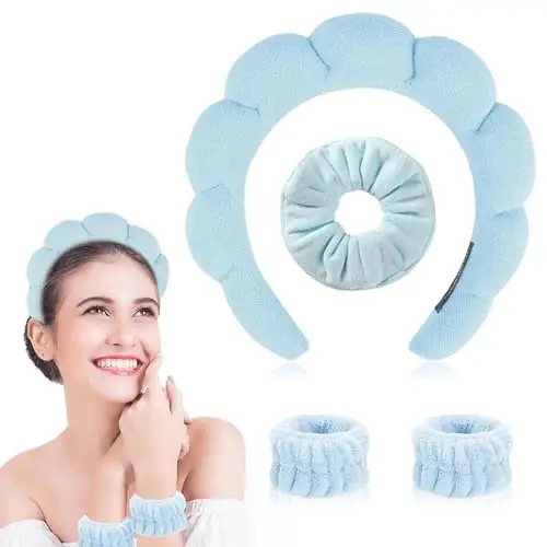 Youery Spa Fascia per Capelli da Donna, Fascia per Spa in Spugna con 2 Fasce per Polso e 1 Elastici per Capelli