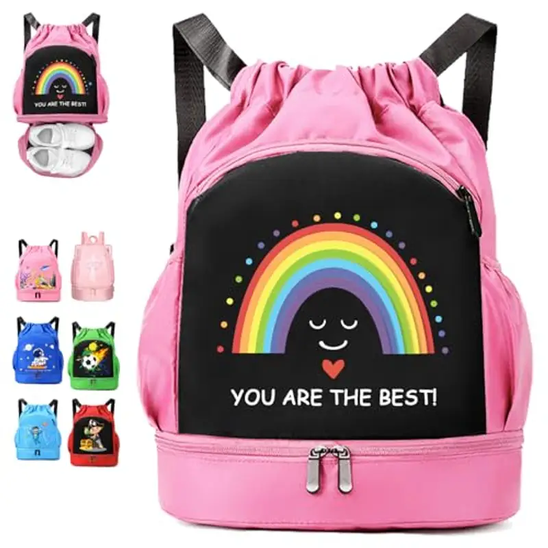 YOUYIKE Zaino da Palestra Bambini, Zaino da Nuoto Rosa, Arcobaleno Sacca Sportiva Palestr, Spesa da Spiaggia