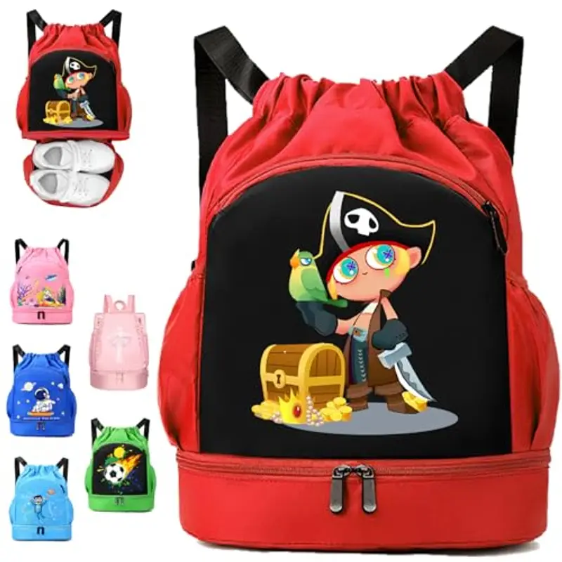 YOUYIKE Zaino da Palestra Bambini, Zaino da Nuoto Rosso, Pirati Sacca Sportiva Palestr, Spesa da Spiaggia Impermeabile,