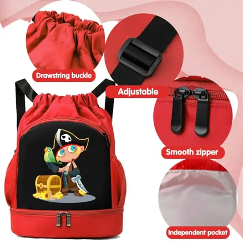 YOUYIKE Zaino da Palestra Bambini, Zaino da Nuoto Rosso, Pirati Sacca Sportiva Palestr, Spesa da Spiaggia Impermeabile miniatura 3