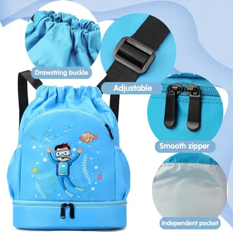 YOUYIKE Zaino da Palestra e Nuoto per Bambini, Cielo Blu, Sacca Sportiva Impermeabile con Separazione Umido e Secco per miniatura 3