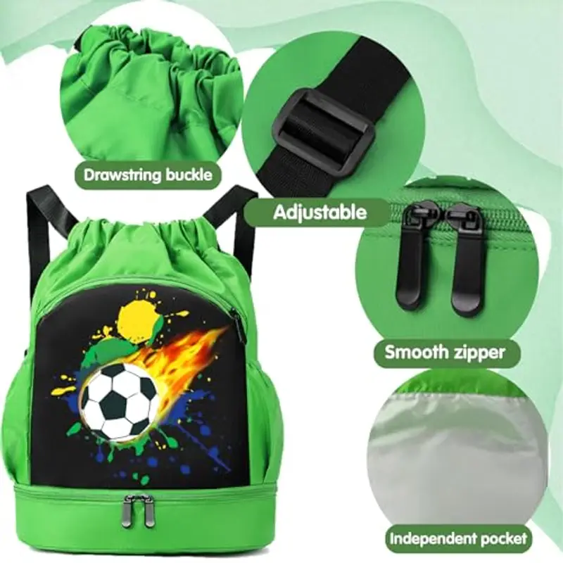 YOUYIKE Zaino da Palestra e Nuoto Verde per Bambini, Sacca Sportiva Calcio, Borsa Spiaggia Impermeabile, Separazione Umido e Secco per Ragazzi e Ragazze miniatura 3