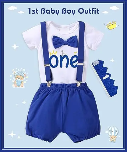 YYDSXK Vestiti Compleanno 1 Anno Bambino, Vestito per Il Primo Compleanno Set con Pagliaccetto, Pantaloncini, Bretelle miniatura 2