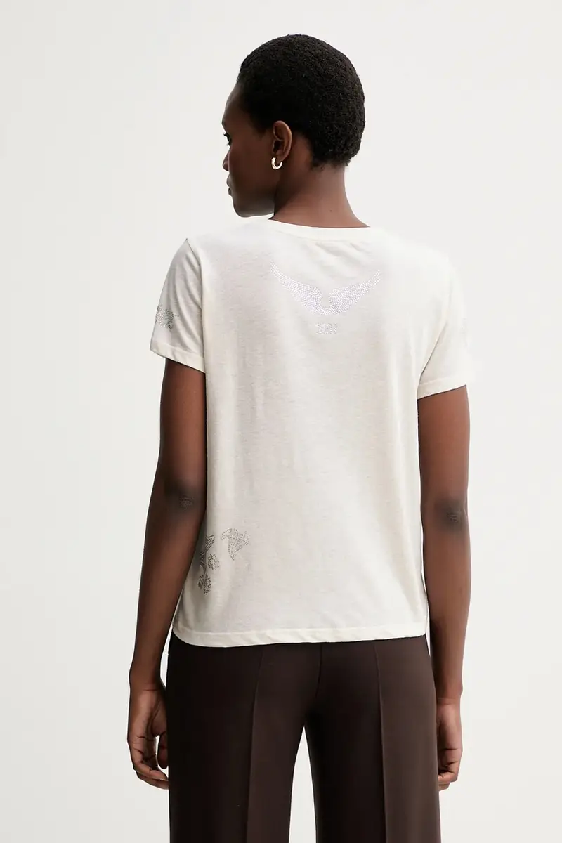 maglietta con aggiunta di lino donna colore beige JWTS02818 miniatura 3