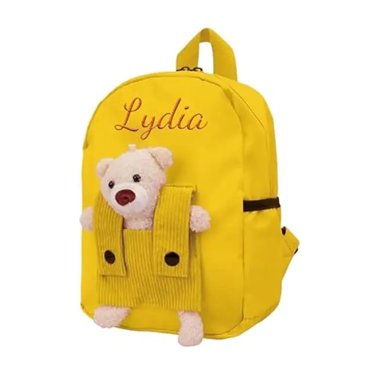 Zainetto Bambino Personalizzato con Nome Ricamato, Zaino Bambino con Orsacchiotto Rimovibile per Scuola Materna ed Elementare, Zaino Unisex per Ragazze e Ragazzi (Giallo)