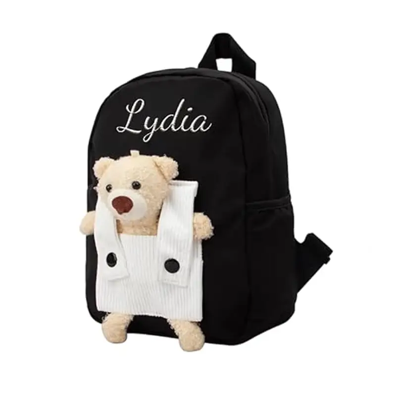 Zainetto Bambino Personalizzato con Nome Ricamato, Zaino Bambino con Orsacchiotto Rimovibile per Scuola Materna ed Elementare, Zaino Unisex per Ragazze e Ragazzi (Nero)