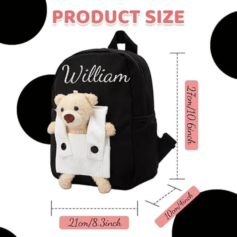 Zainetto Bambino Personalizzato con Nome Ricamato, Zaino Bambino con Orsacchiotto Rimovibile per Scuola Materna ed Elementare, Zaino Unisex per Ragazze e Ragazzi (Nero) miniatura 3
