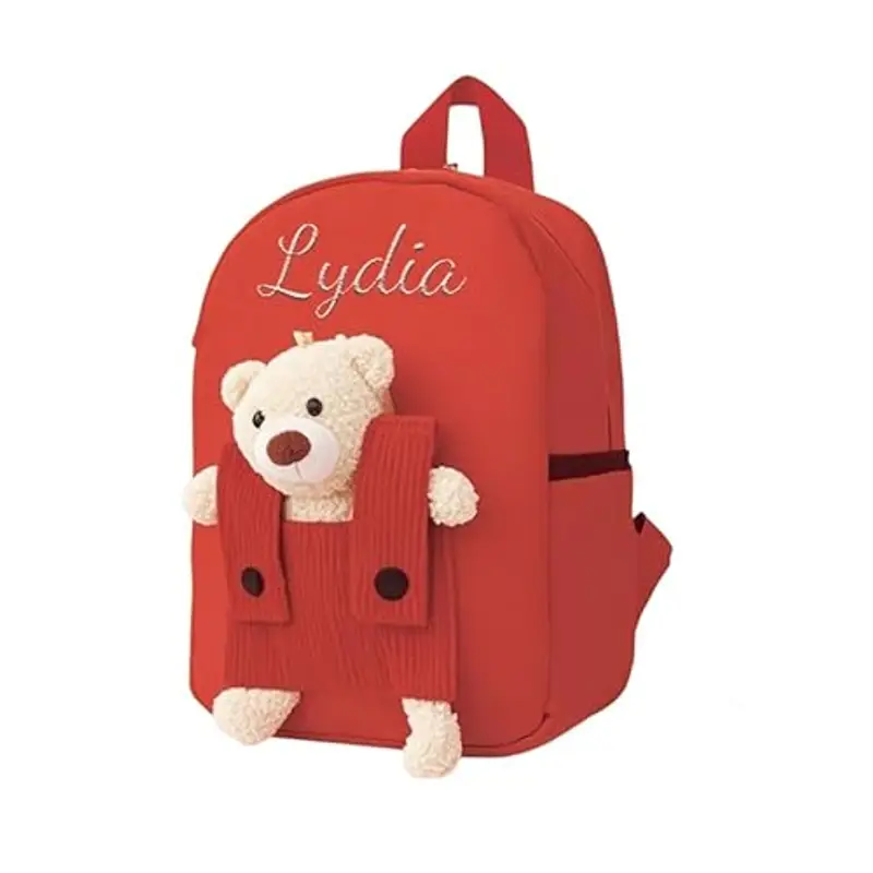 Zainetto Bambino Personalizzato con Nome Ricamato, Zaino Bambino con Orsacchiotto Rimovibile per Scuola Materna ed Elementare, Zaino Unisex per Ragazze e Ragazzi (Rosso)