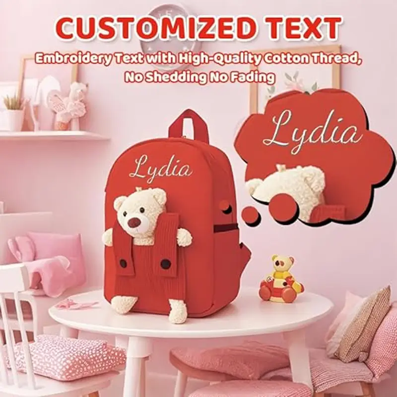 Zainetto Bambino Personalizzato con Nome Ricamato, Zaino Bambino con Orsacchiotto Rimovibile per Scuola Materna ed Elementare, Zaino Unisex per Ragazze e Ragazzi (Rosso) miniatura 2
