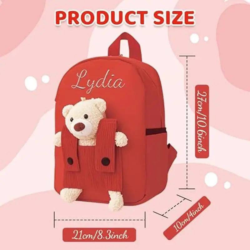 Zainetto Bambino Personalizzato con Nome Ricamato, Zaino Bambino con Orsacchiotto Rimovibile per Scuola Materna ed Elementare, Zaino Unisex per Ragazze e Ragazzi (Rosso) miniatura 3