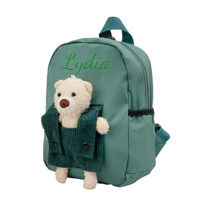 Zainetto Bambino Personalizzato con Nome Ricamato, Zaino Bambino con Orsacchiotto Rimovibile per Scuola Materna ed Elementare, Zaino Unisex per Ragazze e Ragazzi (Verde)