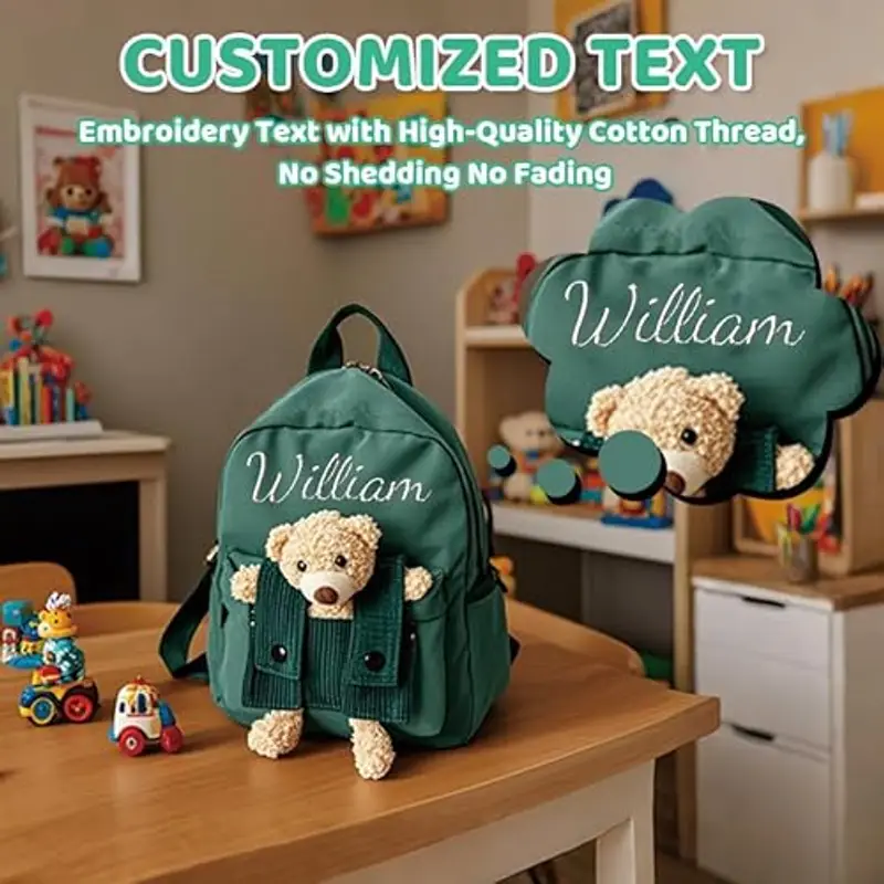 Zainetto Bambino Personalizzato con Nome Ricamato, Zaino Bambino con Orsacchiotto Rimovibile per Scuola Materna ed Elementare, Zaino Unisex per Ragazze e Ragazzi (Verde) miniatura 2