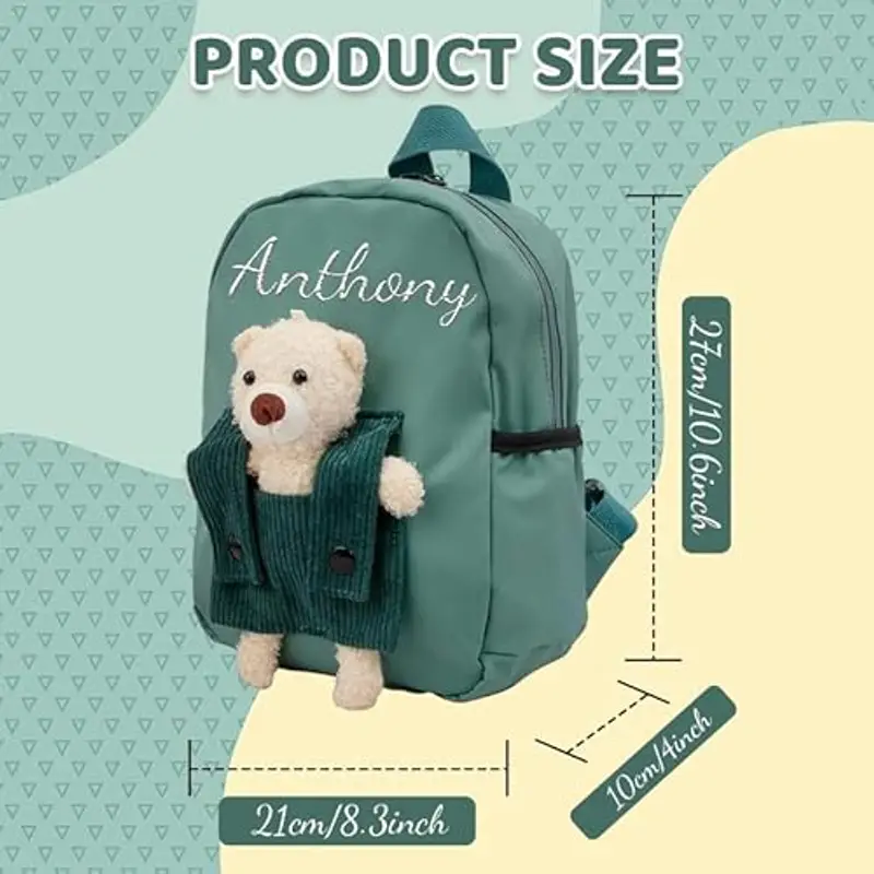 Zainetto Bambino Personalizzato con Nome Ricamato, Zaino Bambino con Orsacchiotto Rimovibile per Scuola Materna ed Elementare, Zaino Unisex per Ragazze e Ragazzi (Verde) miniatura 3