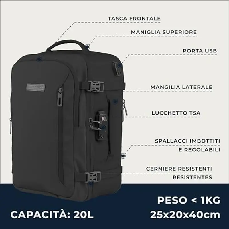 Zaino Bagaglio A Mano 40x20x25 Ryanair Borsa 20L Voli Low Cost Easyjet Viaggio con TSA Locker Perfetto per Compagnia Aerea e Avventure Pratiche miniatura 2