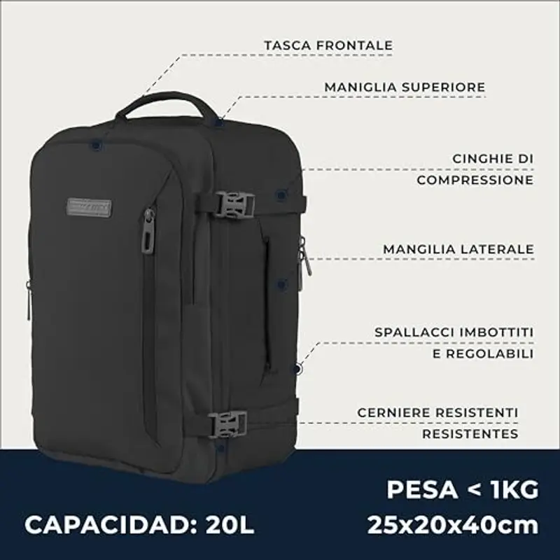 Zaino Bagaglio A Mano 40x20x25 Ryanair, Zaino Borsa 20L Voli Low Cost Easyjet miniatura 2