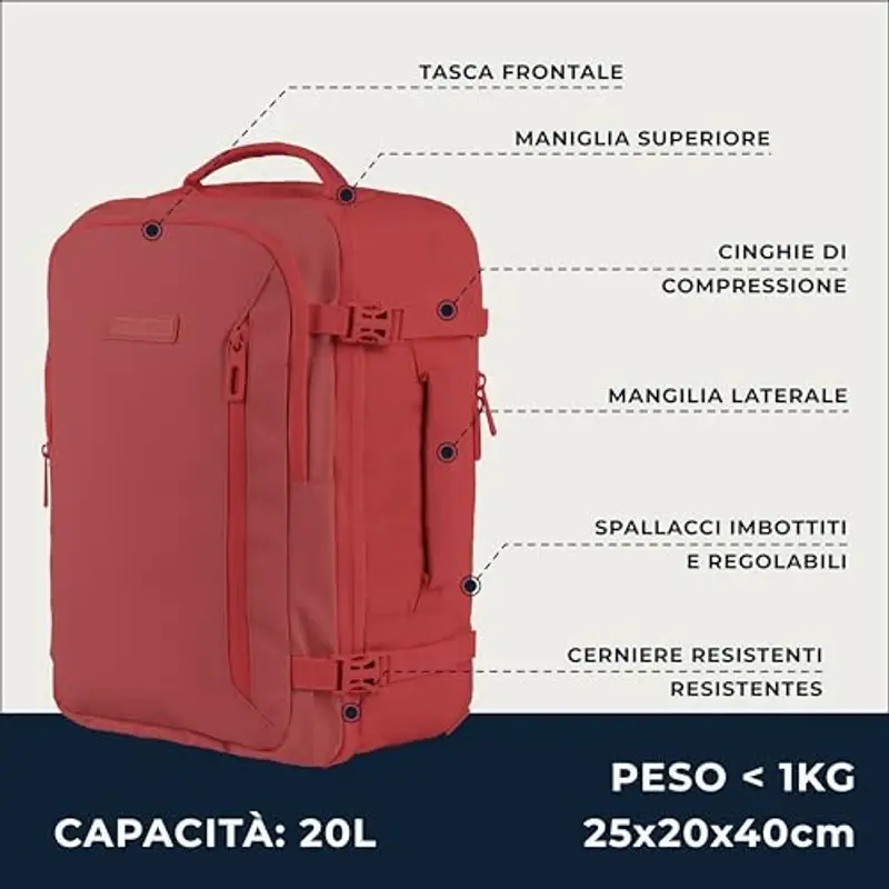 Zaino Bagaglio A Mano 40x20x25 Ryanair, Zaino Borsa 20L Voli Low Cost Easyjet - Rosso miniatura 2
