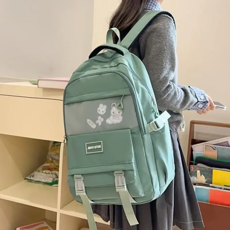 Zaino da scuola in nylon, per ragazze, resistente all'acqua, per computer e notebook da viaggio medio alto (verde, taglia unica) miniatura 2