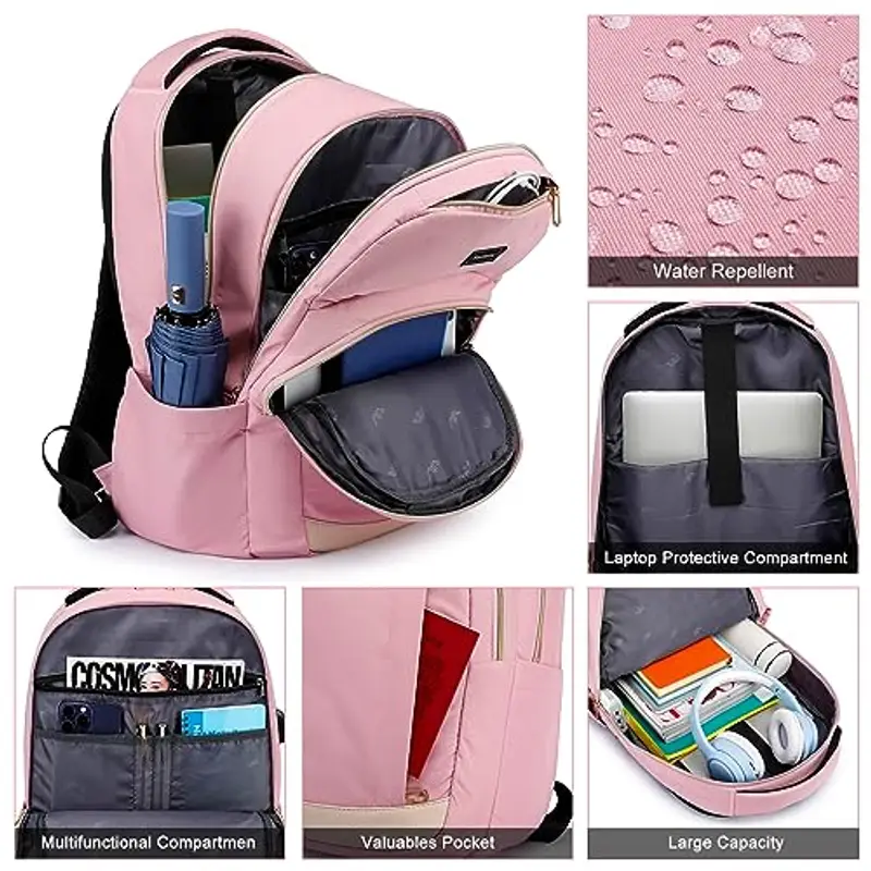 Zaino da uomo per la scuola per laptop da 15, 6 pollici, zaino da lavoro, impermeabile, business, ragazzi, adolescenti, con porta di ricarica USB, oro rosa., 15, 6 pollici, Rucksack miniatura 2
