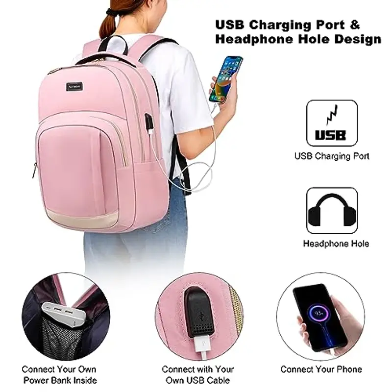 Zaino da uomo per la scuola per laptop da 15, 6 pollici, zaino da lavoro, impermeabile, business, ragazzi, adolescenti, con porta di ricarica USB, oro rosa., 15, 6 pollici, Rucksack miniatura 3