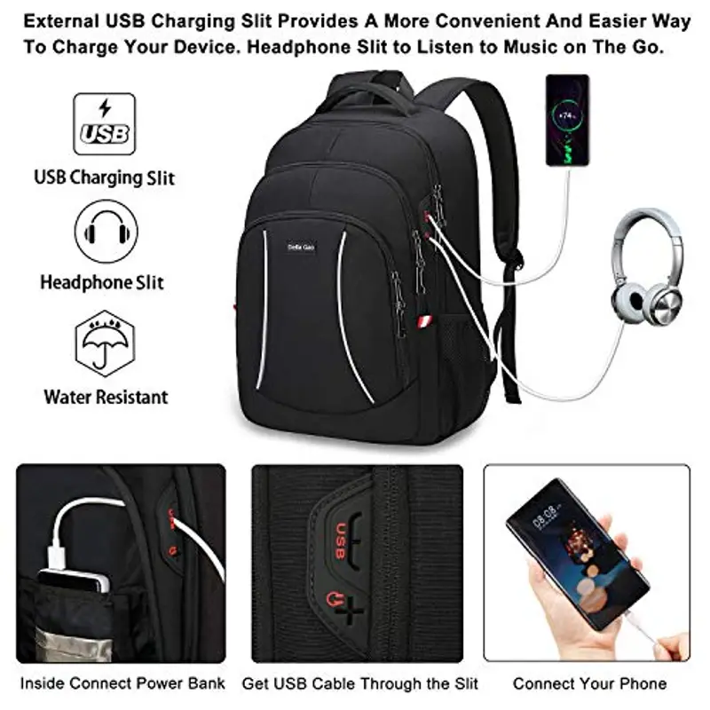 Zaino da uomo per PC da 15, 6 pollici con slot di ricarica USB da lavoro, zaino resistente all'acqua per uomini e donne - Nero miniatura 2