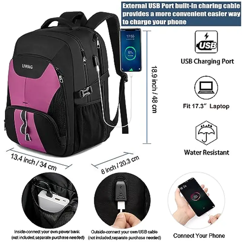 Zaino Donna 17 Pollici Grande 50L Impermeabile Porta PC Lavoro Antifurto Laptop Computer Notebook Borse con Caricatore USB per Viaggio Ufficio Scuola Regalo - Viola miniatura 2