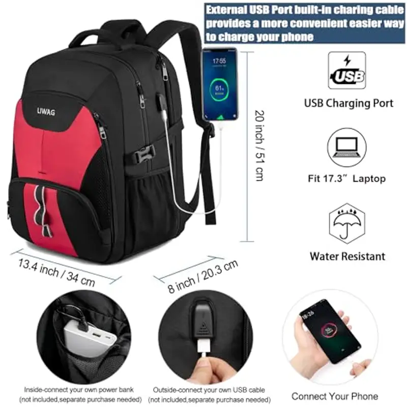 Zaino Donna 17 Pollici Grande 50L Impermeabile Zaino Porta PC Lavoro Antifurto Zaino Laptop Computer Notebook Borse Zaini per PC Portatili con Caricatore USB per Viaggio Ufficio Scuola Regalo - Rosso miniatura 2