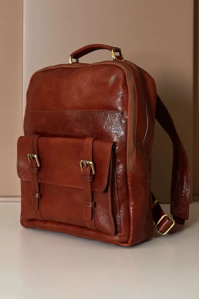 Zaino in pelle cuoio di vitello borsa effetto vintage D'Arienzo, Seleziona Taglia Unica, Colore Cuoio