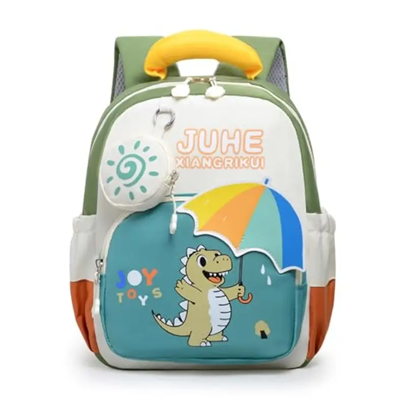 Zaino per la scuola con simpatico dinosauro, zaino in nylon per elementare elementare, zaino per bambini con tasche multiple, Verde, Taglia unica miniatura 2