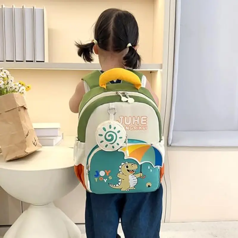 Zaino per la scuola con simpatico dinosauro, zaino in nylon per elementare elementare, zaino per bambini con tasche multiple, Verde, Taglia unica miniatura 3