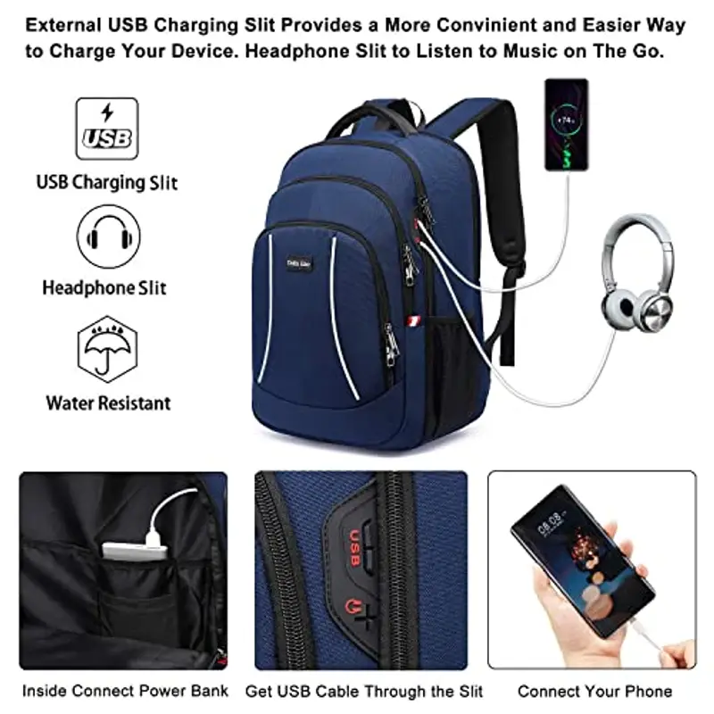 Zaino per laptop, per uomini e donne, zaino da lavoro impermeabile e da viaggio, zaino per laptop da 17, 3 pollici per uso quotidiano, blu miniatura 2
