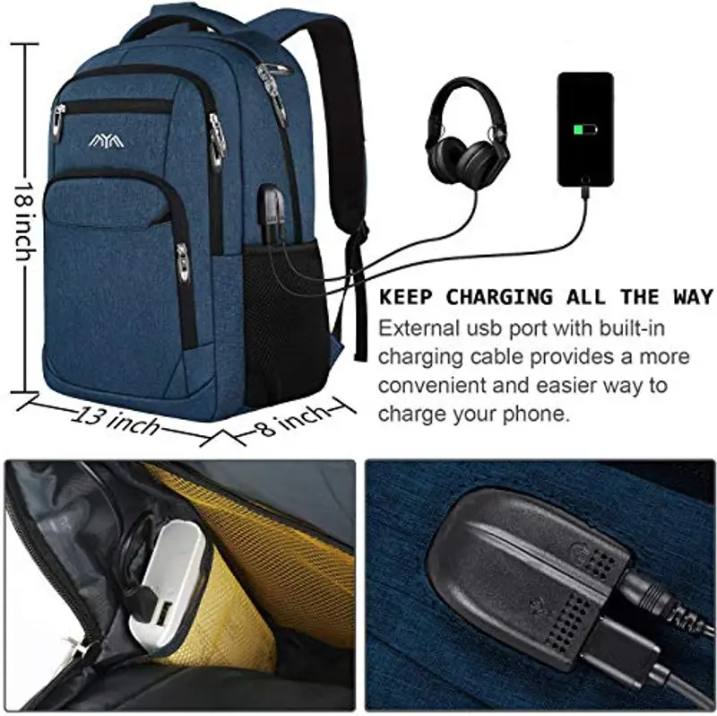 Zaino per scuola e laptop, per ragazzi, ragazze, adolescenti, uomini e donne, da giorno e per lavoro, zaino con USB, Blu (Blu) - YAMTION-C25 miniatura 2