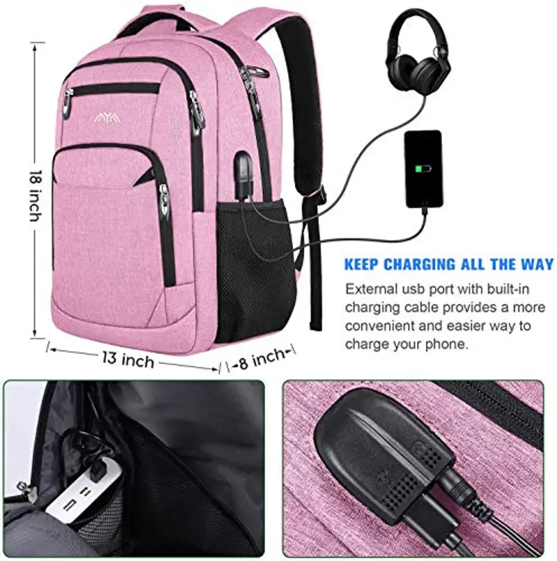 Zaino per scuola e laptop, per ragazzi, ragazze, adolescenti, uomini e donne, da giorno e per lavoro, zaino con USB, Colore: rosa. (Rosa) - YAMTION-C25 miniatura 3