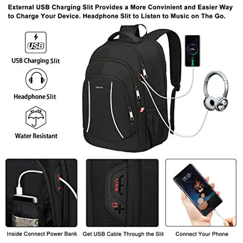 Zaino per uomo e donna, da viaggio e leggero, zaino da lavoro impermeabile molto spazioso, laptop da 17, 3 pollici, per uso quotidiano, nero miniatura 2