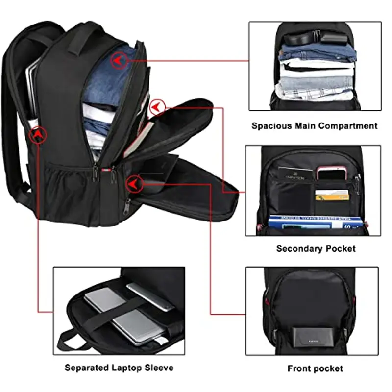 Zaino per uomo e donna, da viaggio e leggero, zaino da lavoro impermeabile molto spazioso, laptop da 17, 3 pollici, per uso quotidiano, nero miniatura 3