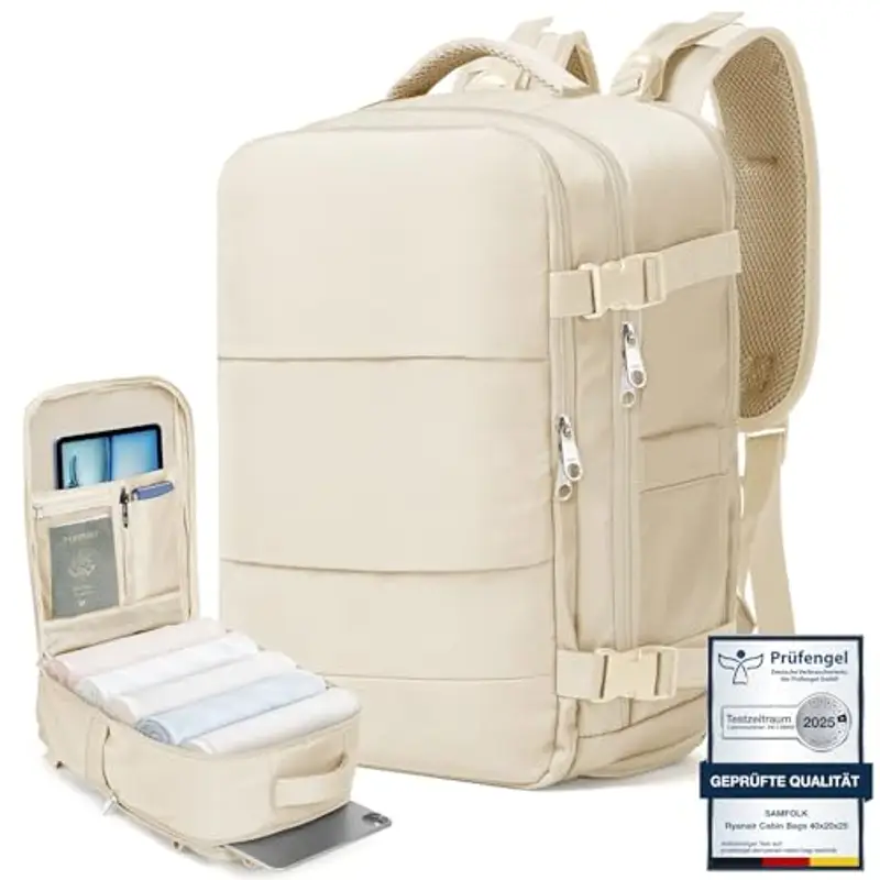 Zaino Ryanair 40x20x25 Zaino da Vaggio bagaglio a mano ryanair 12 Tasche zaino sottovuoto viaggio con Borsa Scarpe Separata per Donne e Uomini Bagaglio a mano, 20L (Beige, 40x20x25)