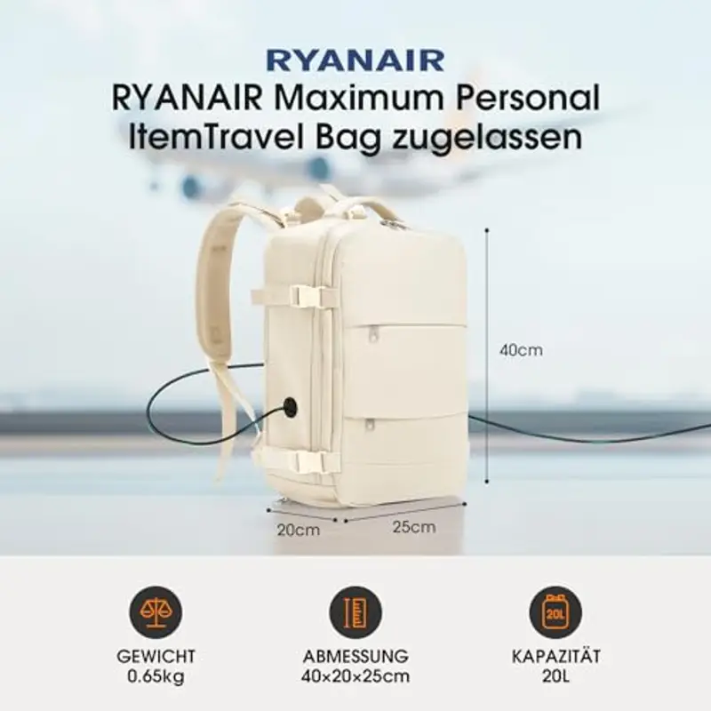 Zaino Ryanair 40x20x25 Zaino da Vaggio bagaglio a mano ryanair 12 Tasche zaino sottovuoto viaggio con Borsa Scarpe Separata per Donne e Uomini Bagaglio a mano, 20L (Beige, 40x20x25) miniatura 2