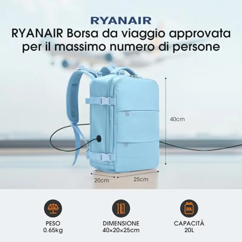 Zaino Ryanair 40x20x25 Zaino da Vaggio bagaglio a mano ryanair 12 Tasche zaino sottovuoto viaggio con Borsa Scarpe Separata per Donne e Uomini Bagaglio a mano, 20L (Blu, 40x20x25) miniatura 2