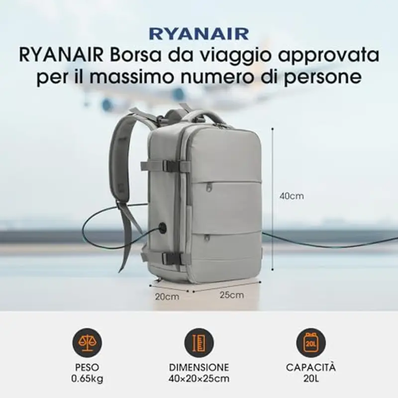 Zaino Ryanair 40x20x25 Zaino da Vaggio bagaglio a mano ryanair 12 Tasche zaino sottovuoto viaggio con Borsa Scarpe Separata per Donne e Uomini Bagaglio a mano, 20L (Grigio, 40x20x25) miniatura 2