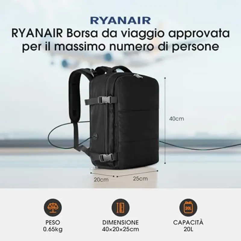 Zaino Ryanair 40x20x25 Zaino da Vaggio bagaglio a mano ryanair 12 Tasche zaino sottovuoto viaggio con Borsa Scarpe Separata per Donne e Uomini Bagaglio a mano, 20L (Nero, 40x20x25) miniatura 2