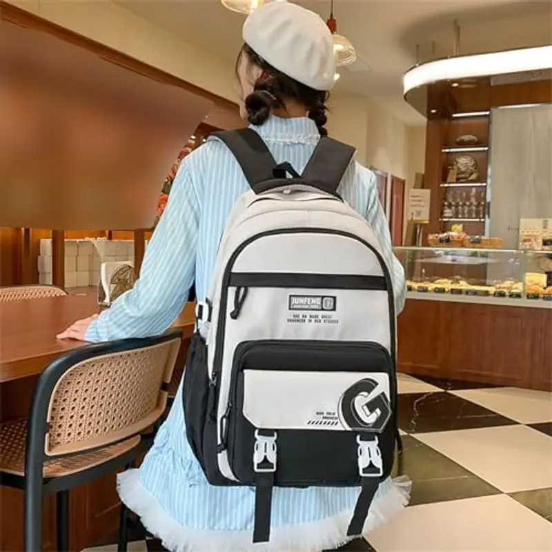 Zaino scolastico alla moda in nylon per adolescenti, leggero ed ergonomico, con grande capacità, zaino per la scuola media per ragazze e ragazzi (nero, taglia unica) miniatura 2